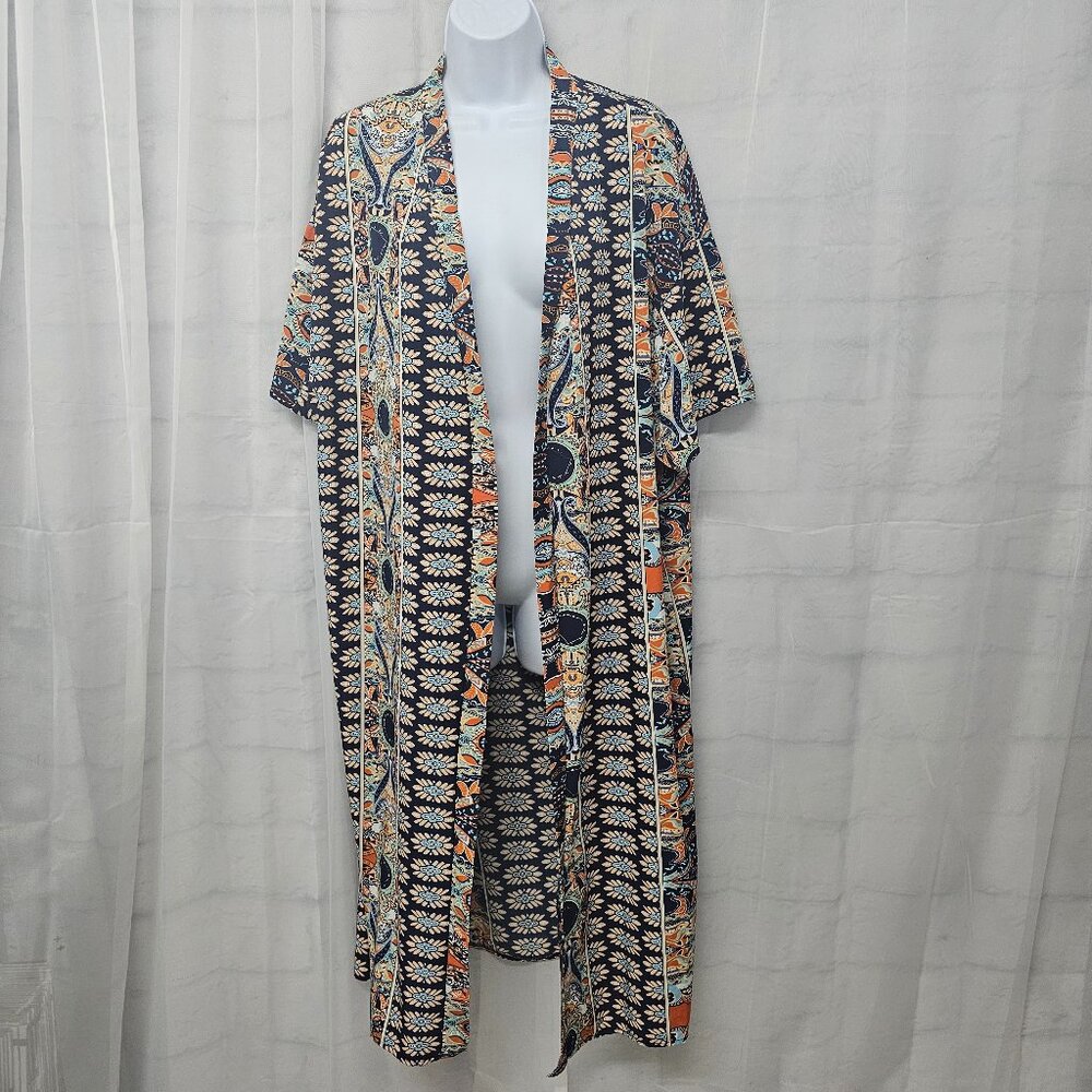 Unbranded Kimono Blue Orange Open Short Sleeves Boho Hippie Festival L